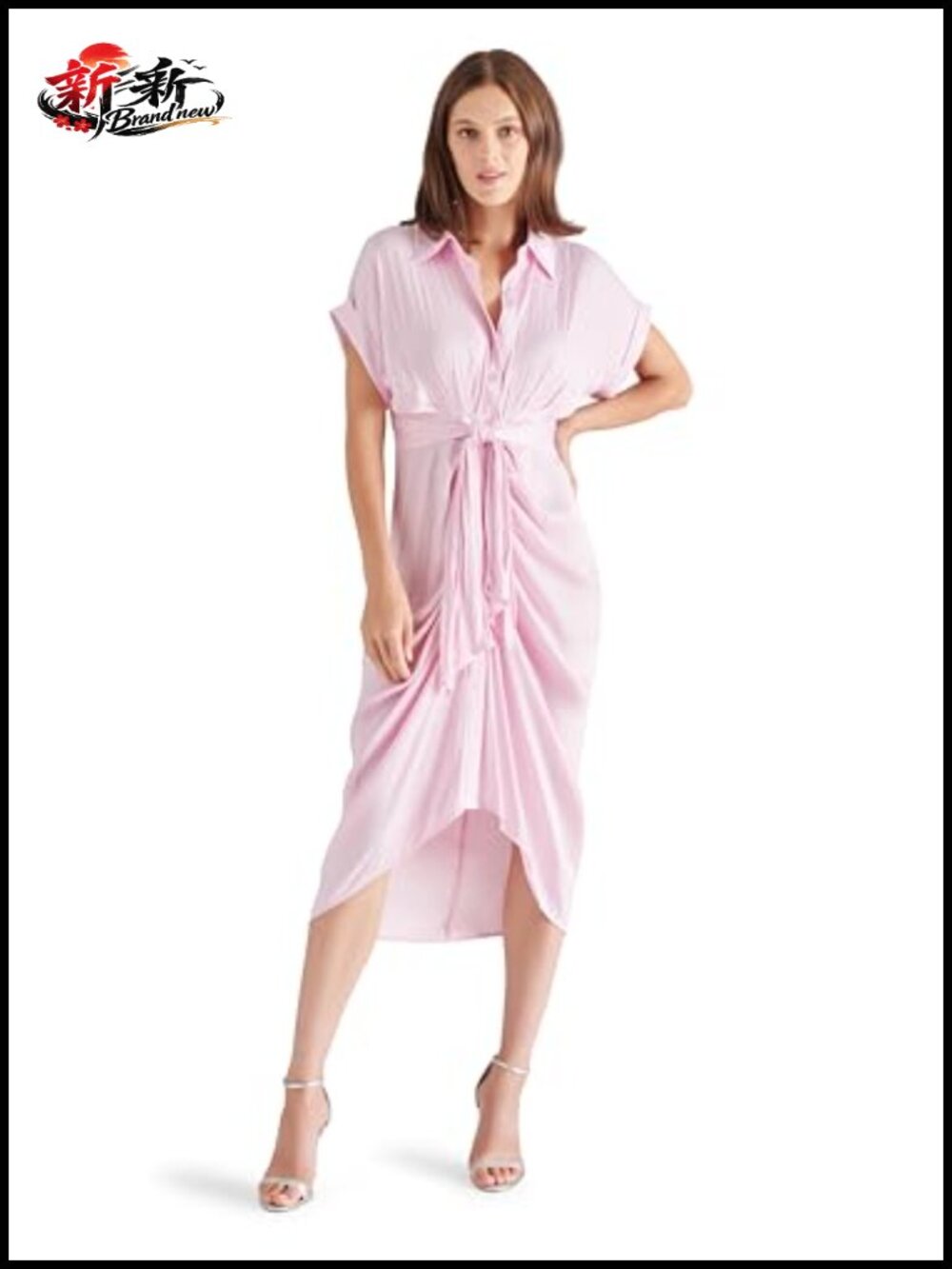 Women's Wrap Midi Dress with Collared Neck and Cuff Sleeves